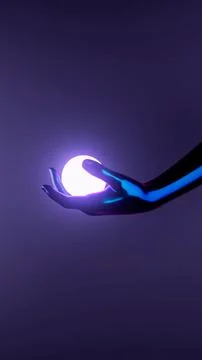 3D rendering of a human hand holding neon circle shaped objects on purple backgr Foto stock