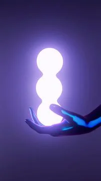 3D rendering of a human hand holding neon circle shaped objects on purple backgr Foto stock