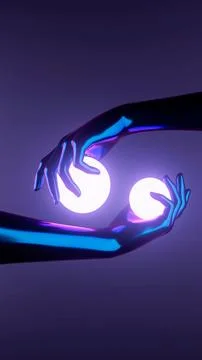3D rendering of human hands holding neon circle shaped objects on purple backgro Foto stock