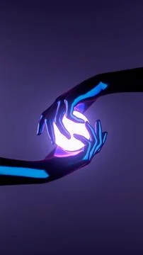3D rendering of human hands holding neon circle shaped objects on purple backgro Foto stock
