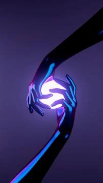3D rendering of human hands holding neon circle shaped objects on purple backgro Foto stock