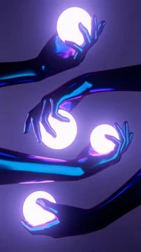 3D rendering of human hands holding neon circle shaped objects on purple backgro Foto stock
