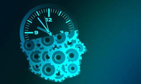 3d rendering of Human head with cogs and clock- concept for business planning Stock Illustration