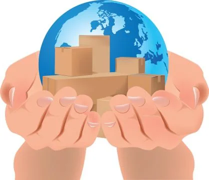3D rendering of a human holding a globe with boxes on an isolated background Stock Illustration