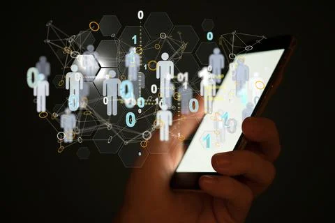 A 3D rendering of human icons with binary codes floating outside a hand holdi 写真素材