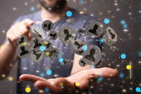 A 3D rendering of human icons with binary codes floating on hand-Unity group  스톡 사진