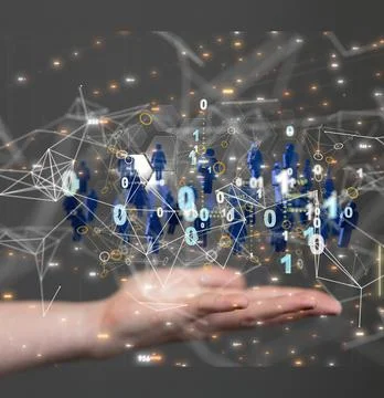 A 3D rendering of human icons with binary codes floating on hand-Unity group  스톡 사진