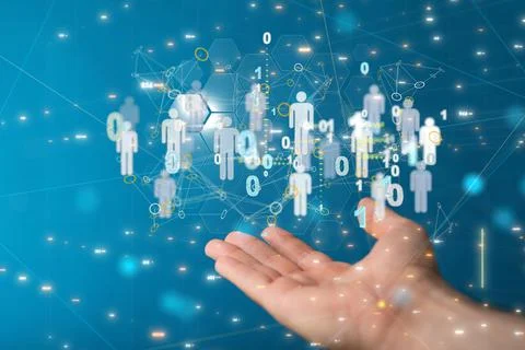 A 3D rendering of human icons with binary codes floating on hand-Unity group  写真素材