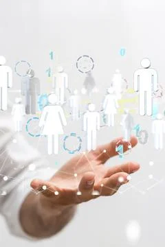 3D rendering of human icons with binary codes over a hand-social network communi 스톡 사진