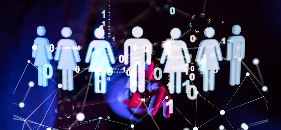 3D rendering of human icons with binary codes-social network communication conce 스톡 사진