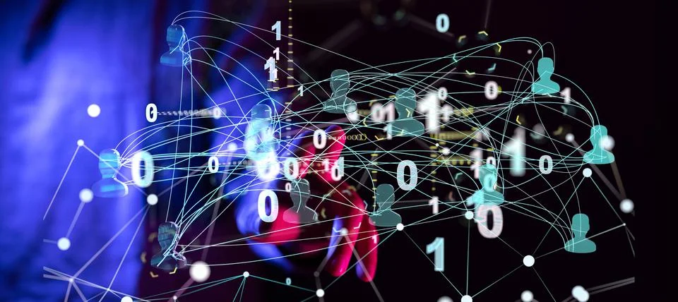 3D rendering of human icons with binary codes -social network communication conc 스톡 사진