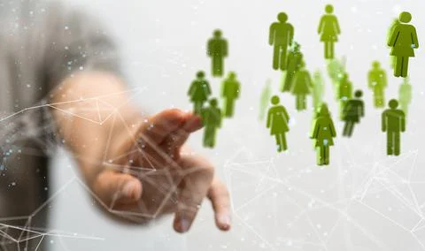 3D rendering of human icons with hand tapping on it from behind-social network c Stock Photos