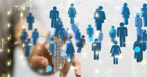 3D rendering of human icons with hand tapping on it from behind-social network c Stock Photos