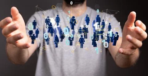 3D rendering of human icons network hovering between a man's hands 写真素材