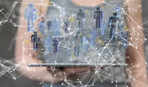 3D rendering of human icons over a hand holding digital tablet-social network co Stock Photos