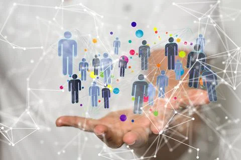 3D rendering of human icons over a hand-social network communication concept Stock Photos