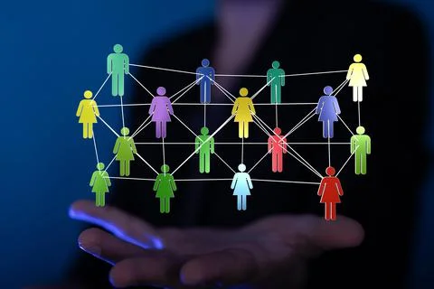 3D rendering of human icons over a hand-social network communication concept Stock Photos