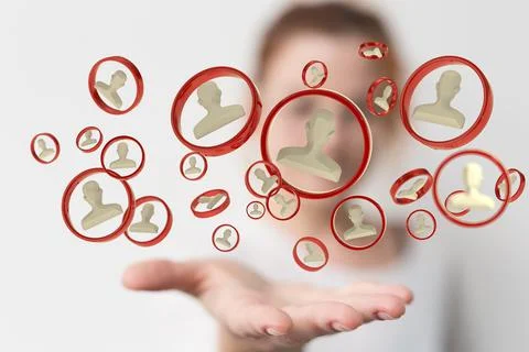 A 3d rendering of human profile symbols in red circular frames in a woman's h Stock-Fotos