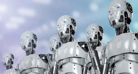 3d rendering of human robot portraits in the row of robotics army, industri.. Stock Photos