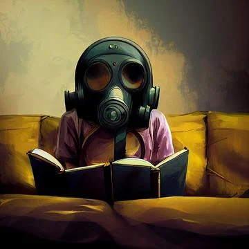 3D rendering of human wearing gas mask sitting on sofa and reading books Stock-Illustration