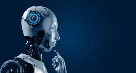3d rendering of humanoid robot cyborg thinking and compute on blue backgrou.. 库存插图