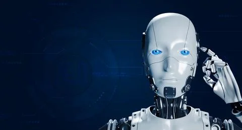 3d rendering of humanoid robot cyborg think or compute on blue cyber backgr.. Stockillustratie