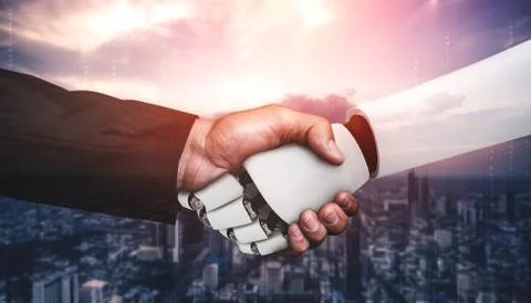 3D rendering humanoid robot handshake to collaborate future technology Illustrazione stock