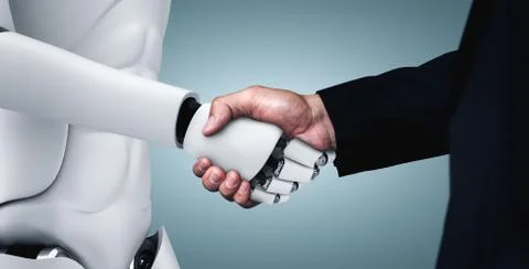 3D rendering humanoid robot handshake to collaborate future technology Stock Illustration