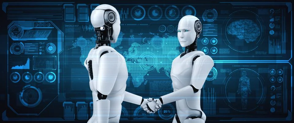 3D rendering humanoid robot handshake to collaborate future technology Stock Illustration