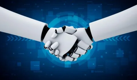 3D rendering humanoid robot handshake to collaborate future technology 스톡 일러스트