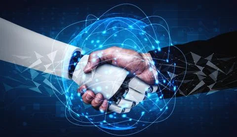 3D rendering humanoid robot handshake to collaborate future technology Stock Illustration