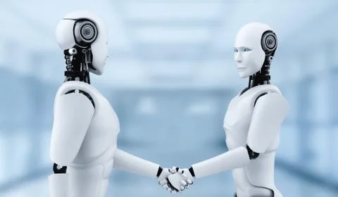 3D rendering humanoid robot handshake to collaborate future technology Stock Illustration