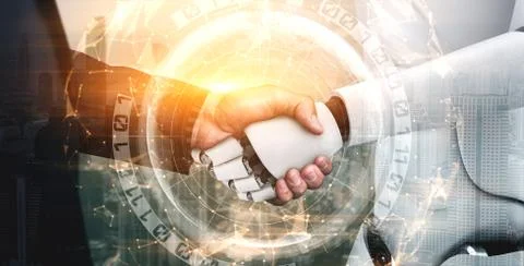 3D rendering humanoid robot handshake to collaborate future technology Stock Illustration