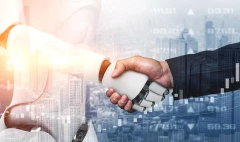 3D rendering humanoid robot handshake to collaborate future technology Stock Illustration