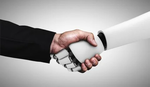 3D rendering humanoid robot handshake to collaborate future technology Stock Illustration