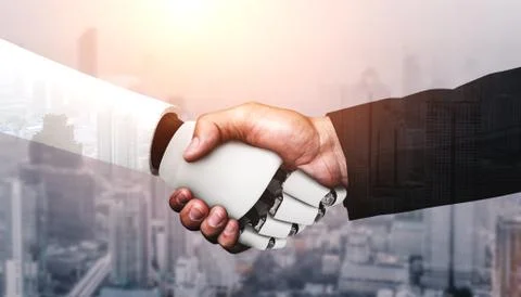 3D rendering humanoid robot handshake to collaborate future technology Stock Illustration