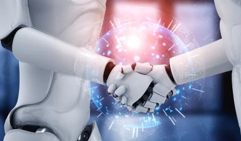 3D rendering humanoid robot handshake to collaborate future technology Stock Illustration