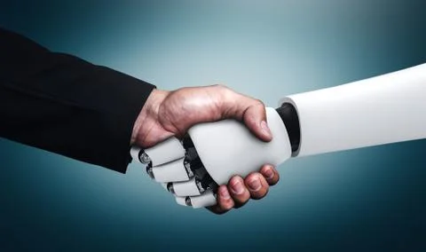 3D rendering humanoid robot handshake to collaborate future technology Stock Illustration