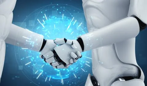 3D rendering humanoid robot handshake to collaborate future technology Stock Illustration