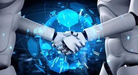 3D rendering humanoid robot handshake to collaborate future technology Stock Illustration