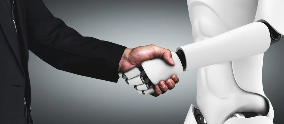 3D rendering humanoid robot handshake to collaborate future technology Stock Illustration