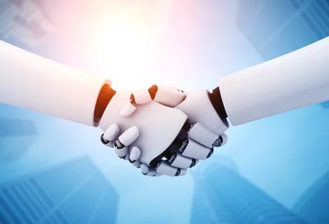 3D rendering humanoid robot handshake to collaborate future technology Stock Illustration