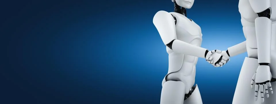 3D rendering humanoid robot handshake to collaborate future technology Stock Illustration