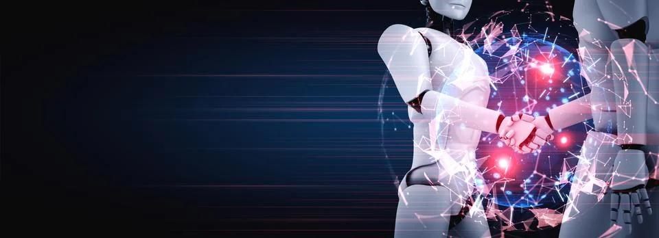 3D rendering humanoid robot handshake to collaborate future technology Stock Illustration