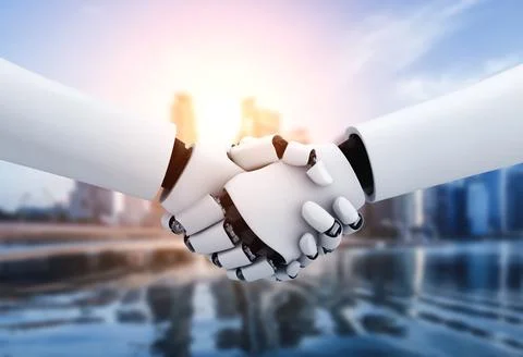 3D rendering humanoid robot handshake to collaborate future technology Illustrazione stock
