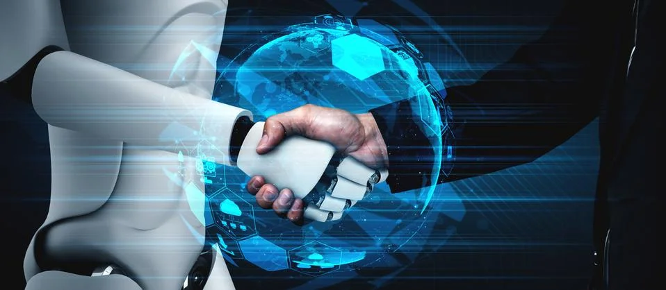 3D rendering humanoid robot handshake to collaborate future technology Stock Illustration