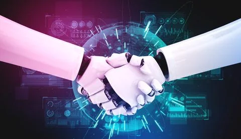 3D rendering humanoid robot handshake to collaborate future technology Stock Illustration