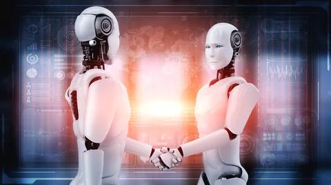 3D rendering humanoid robot handshake to collaborate future technology Stock Illustration