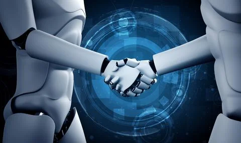 3D rendering humanoid robot handshake to collaborate future technology Stock Illustration