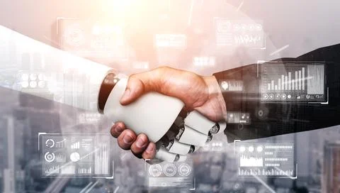 3D rendering humanoid robot handshake to collaborate future technology Stock Illustration